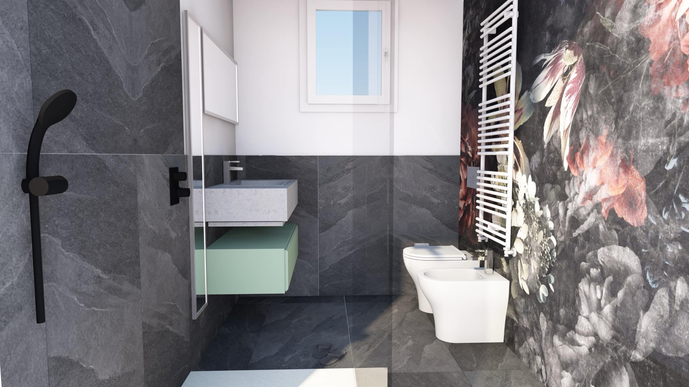 Render fotorealistico di un bagno con mobile sospeso e carta da parati floreale