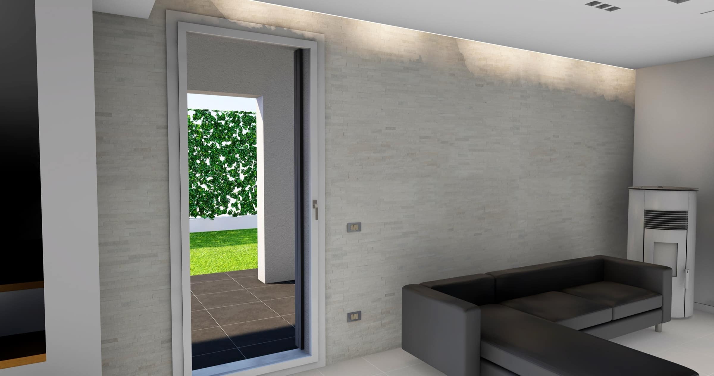 Render di una zona giorno con portafinestra affacciata sul giardino