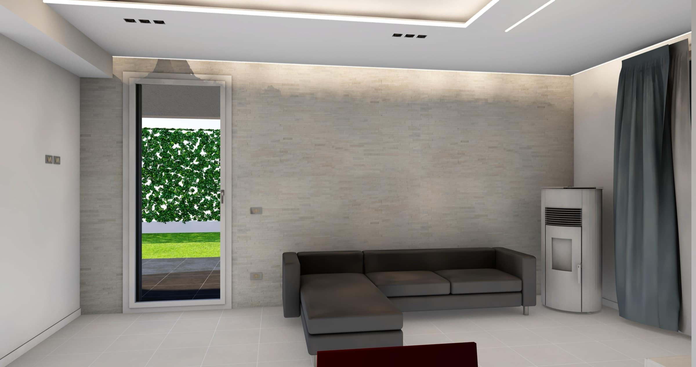Render fotorealistico di un soggiorno con divano e portafinestra sul giardino
